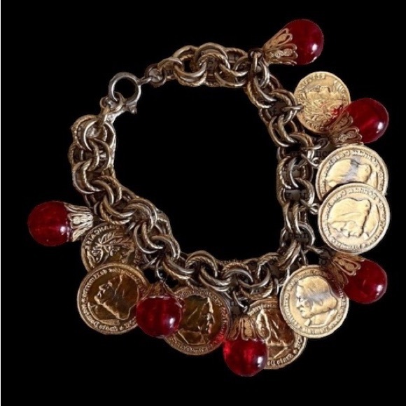Vintage Gold Plated Coin Charms Red Glass Beaded Bracelet Woman’s Jewelry - Picture 4 of 8